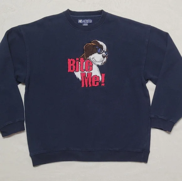 Bite Me Big Dogs Navy Blue Embroidered Graphic Fleece Lined Sweatshirt S - Picture 2 of 8